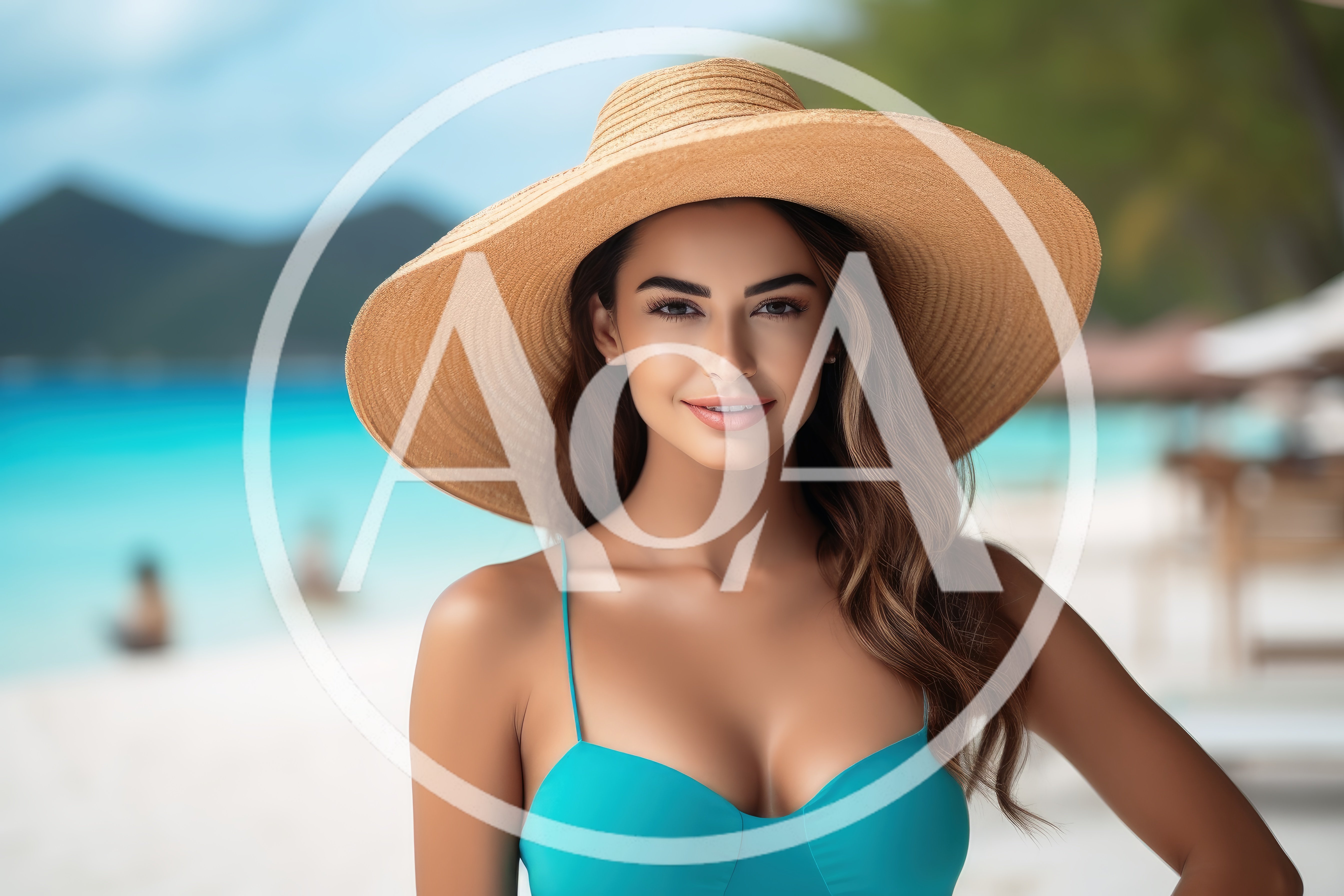 Beautiful Woman Wearing Sun Hat On Tropical Beach