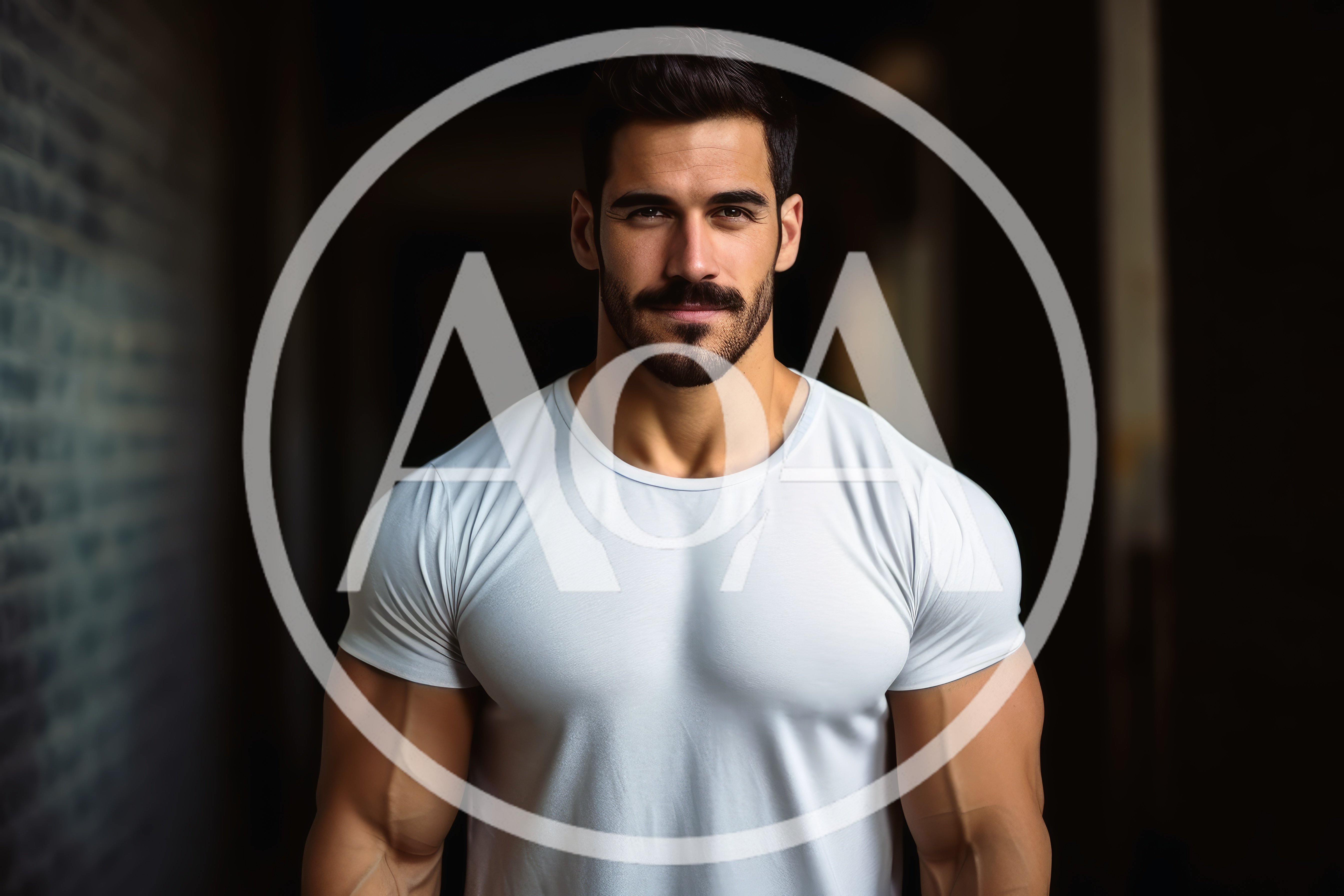 Muscular Man In White T-Shirt Standing In Dark Hallway