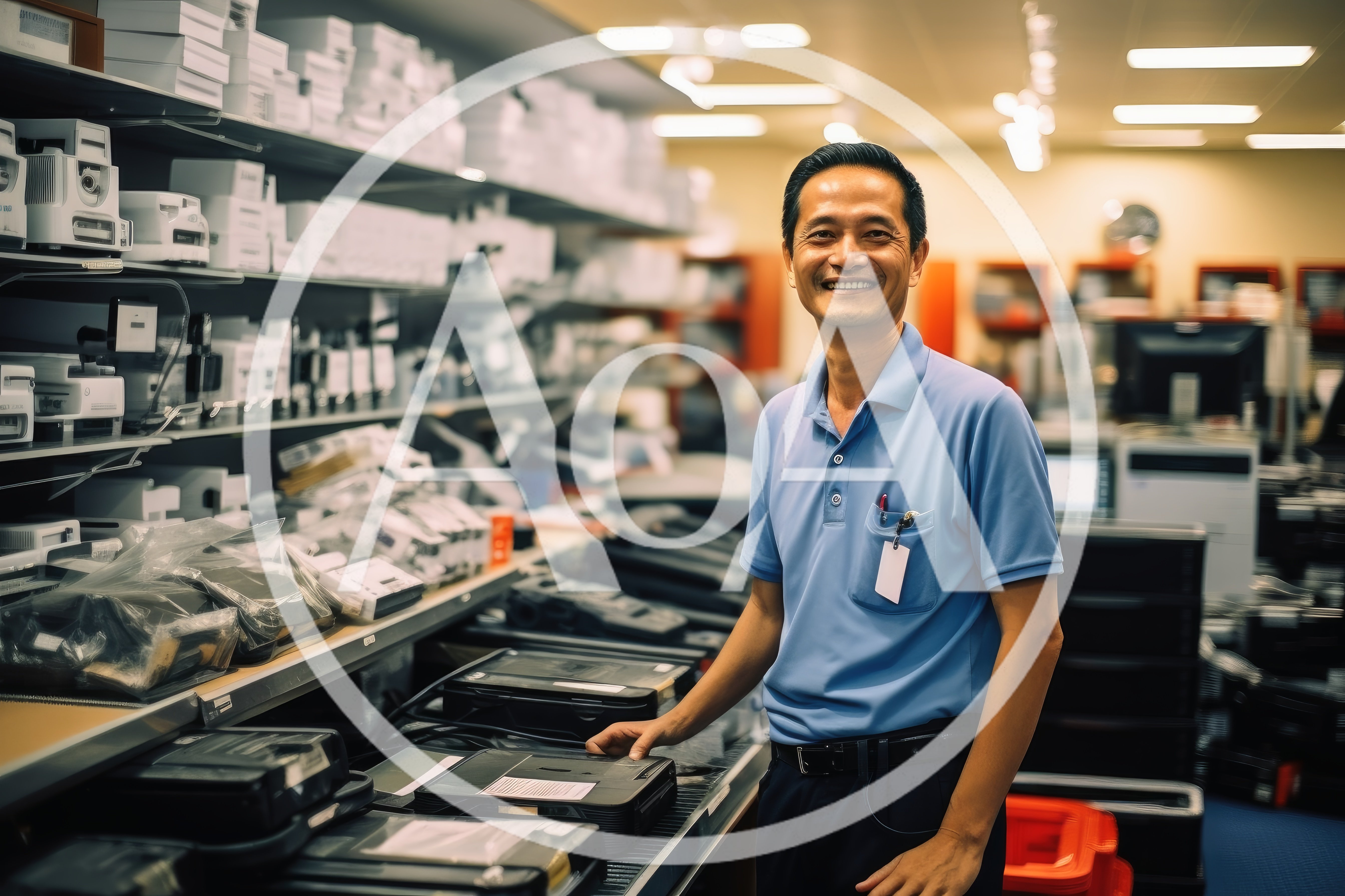 Smiling Asian Retail Clerk Working In Electronics Store