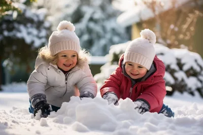 Two Toddlers Playing Together In The Snow
