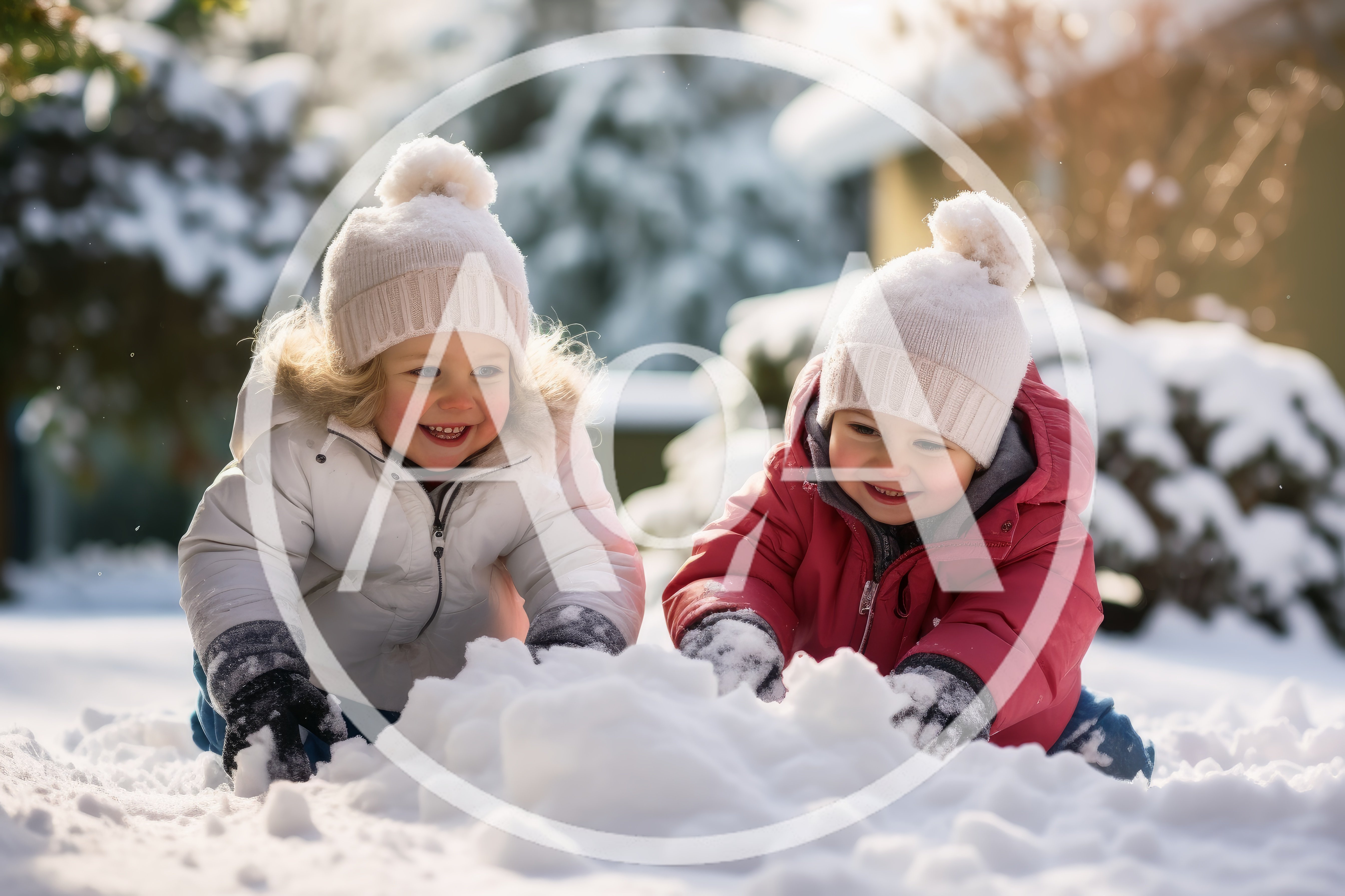 Two Toddlers Playing Together In The Snow