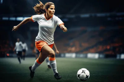 Female Soccer Player Dribbling Ball on Professional Stadium Field