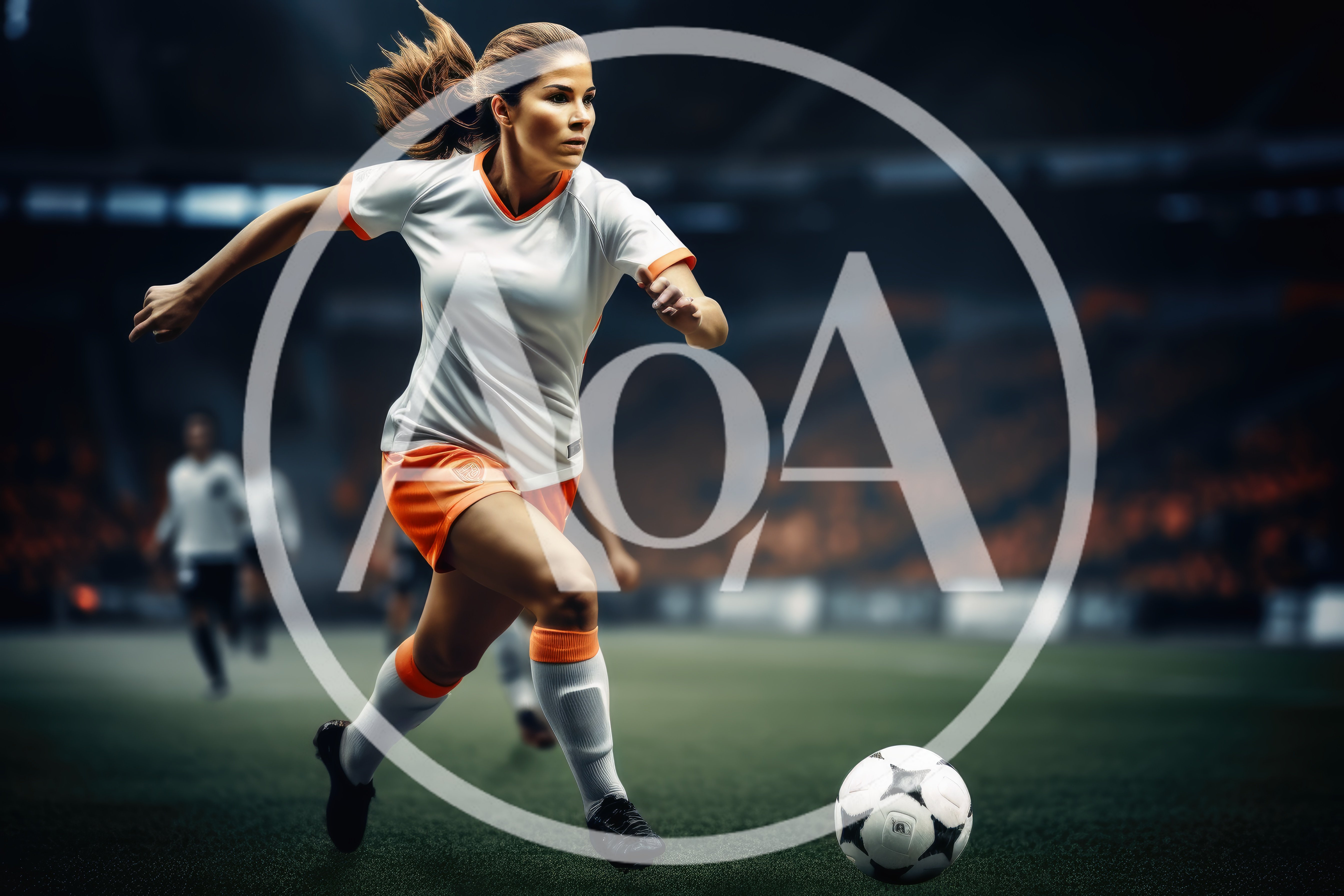 Female Soccer Player Dribbling Ball on Professional Stadium Field