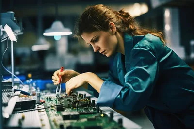 Female Technician Repairing Electronic Circuit Board In Laboratory