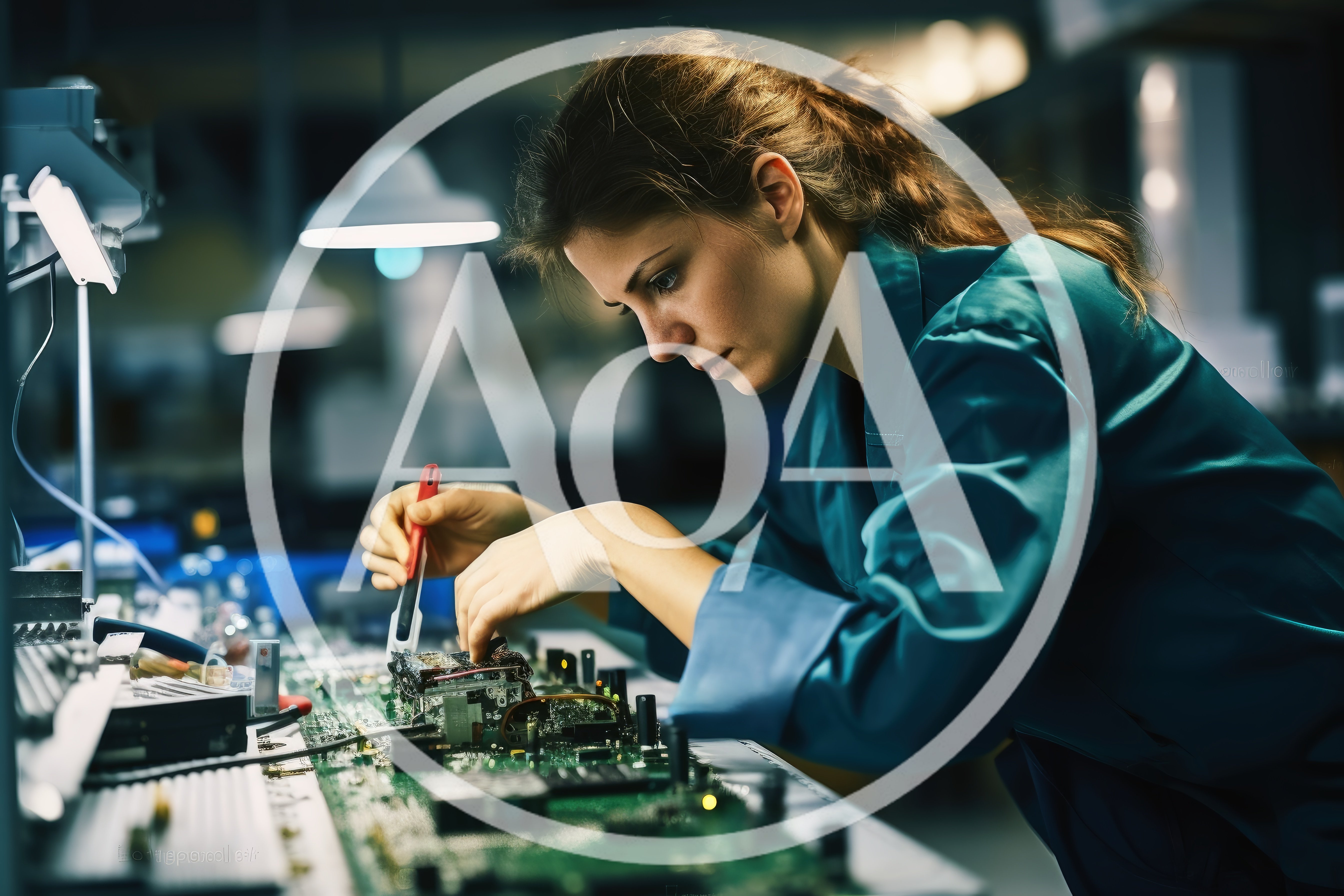 Female Technician Repairing Electronic Circuit Board In Laboratory