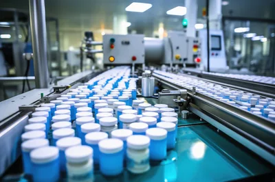 Automated Pharmaceutical Production Line With Blue Medicine Bottles