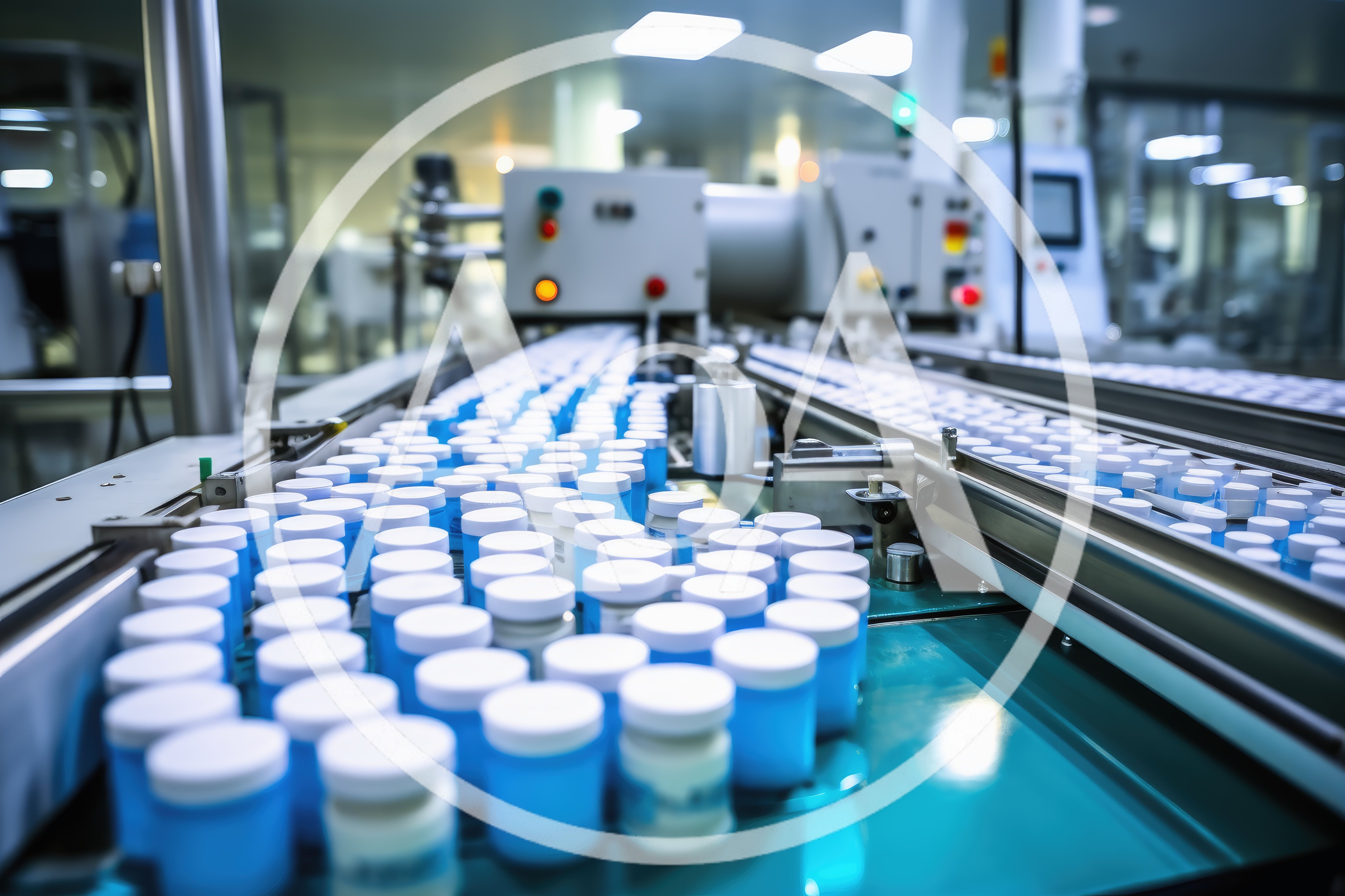 Automated Pharmaceutical Production Line With Blue Medicine Bottles