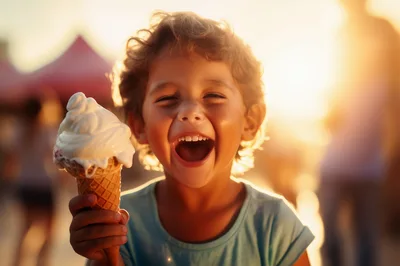 Happy Child Eating Ice Cream At Sunset