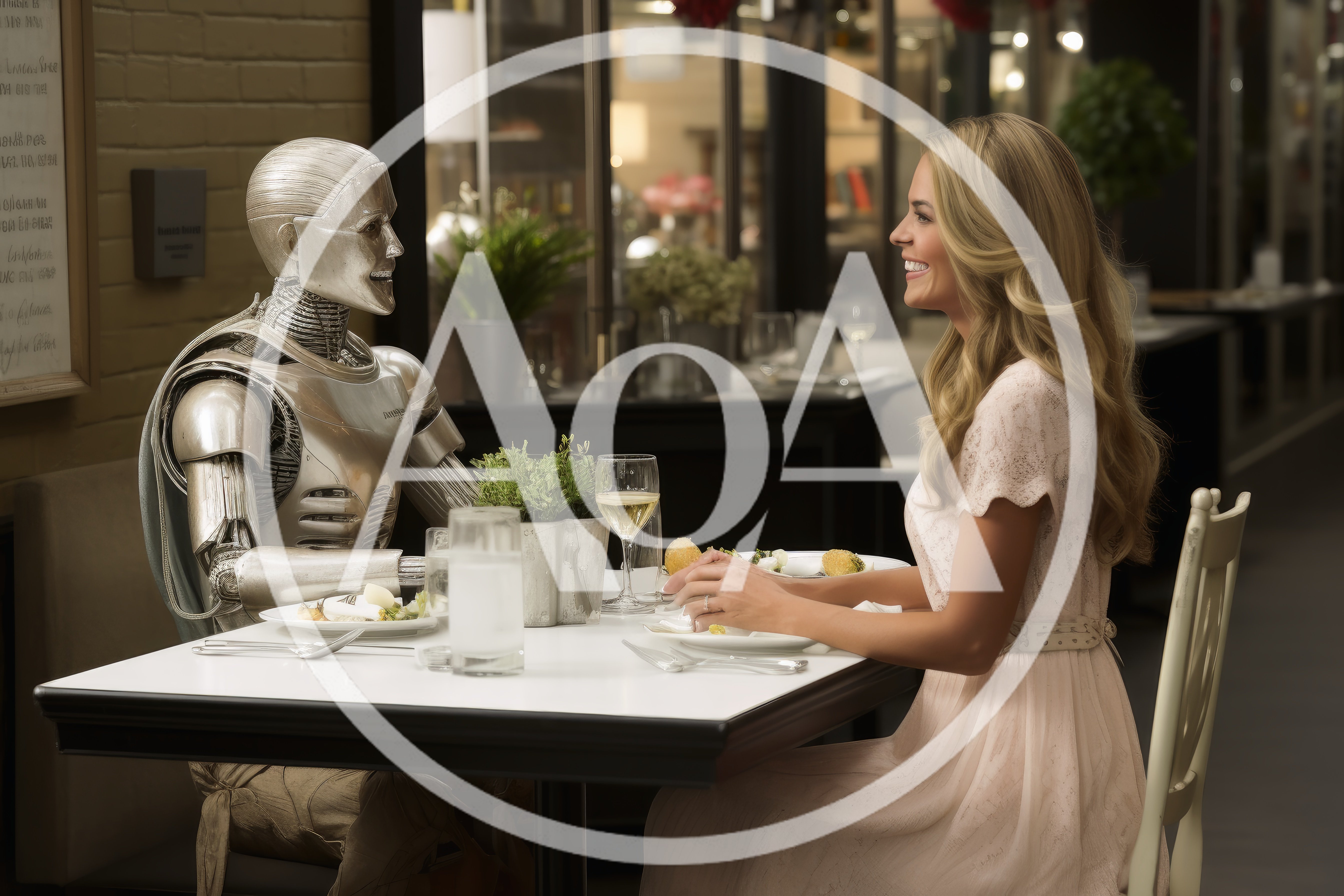 Human Woman Having Dinner With A Silver Robot