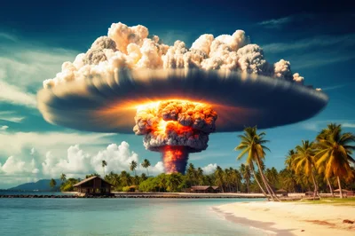 Massive Nuclear Explosion Over Tropical Island Beach
