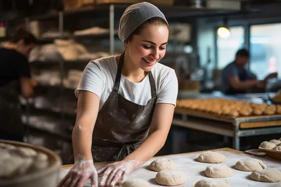 Young Baker Kneading Dough In A Professional Kitchen
