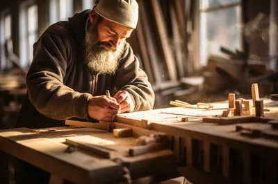 Bearded Woodworker Crafting Detailed Project In Workshop