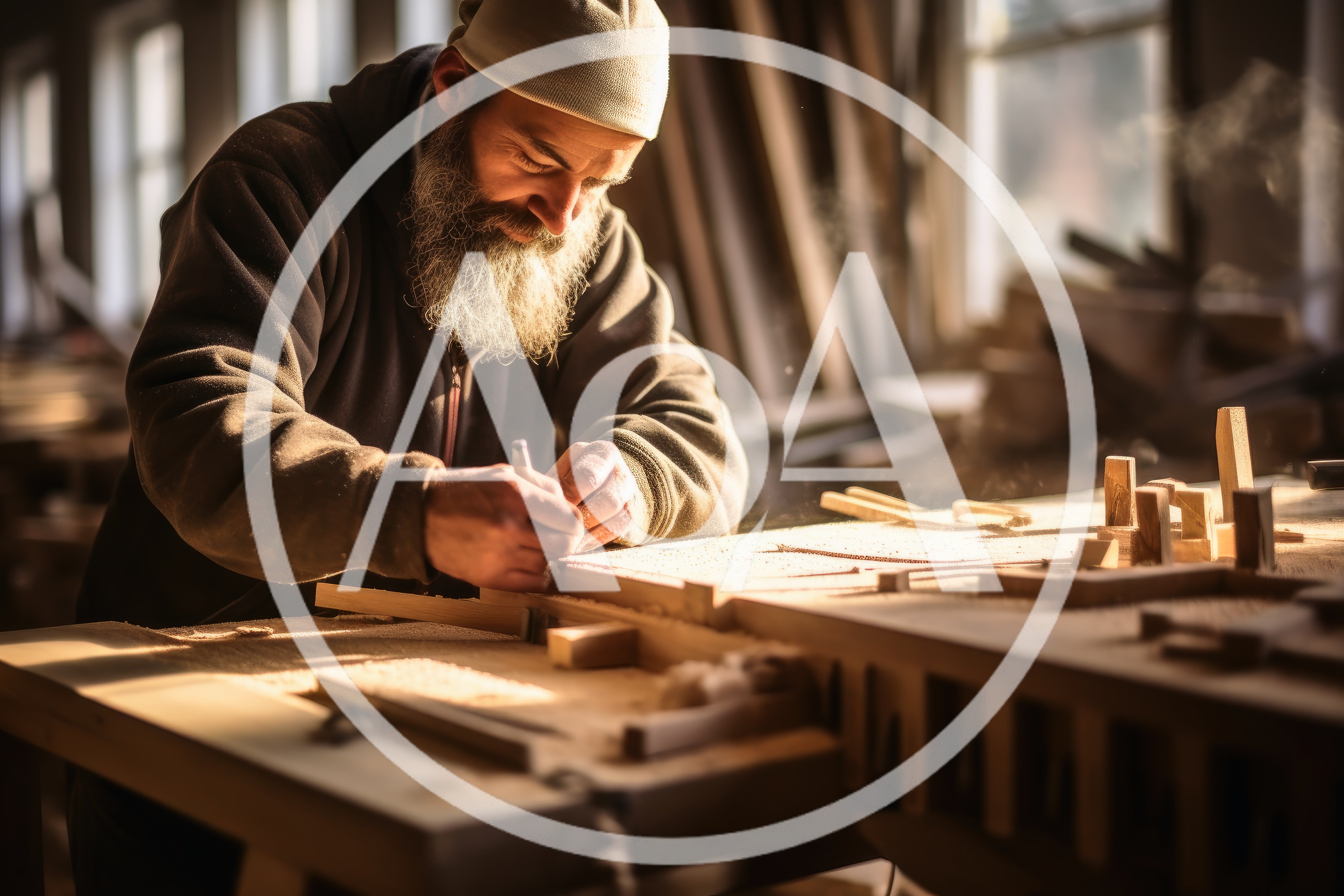 Bearded Woodworker Crafting Detailed Project In Workshop