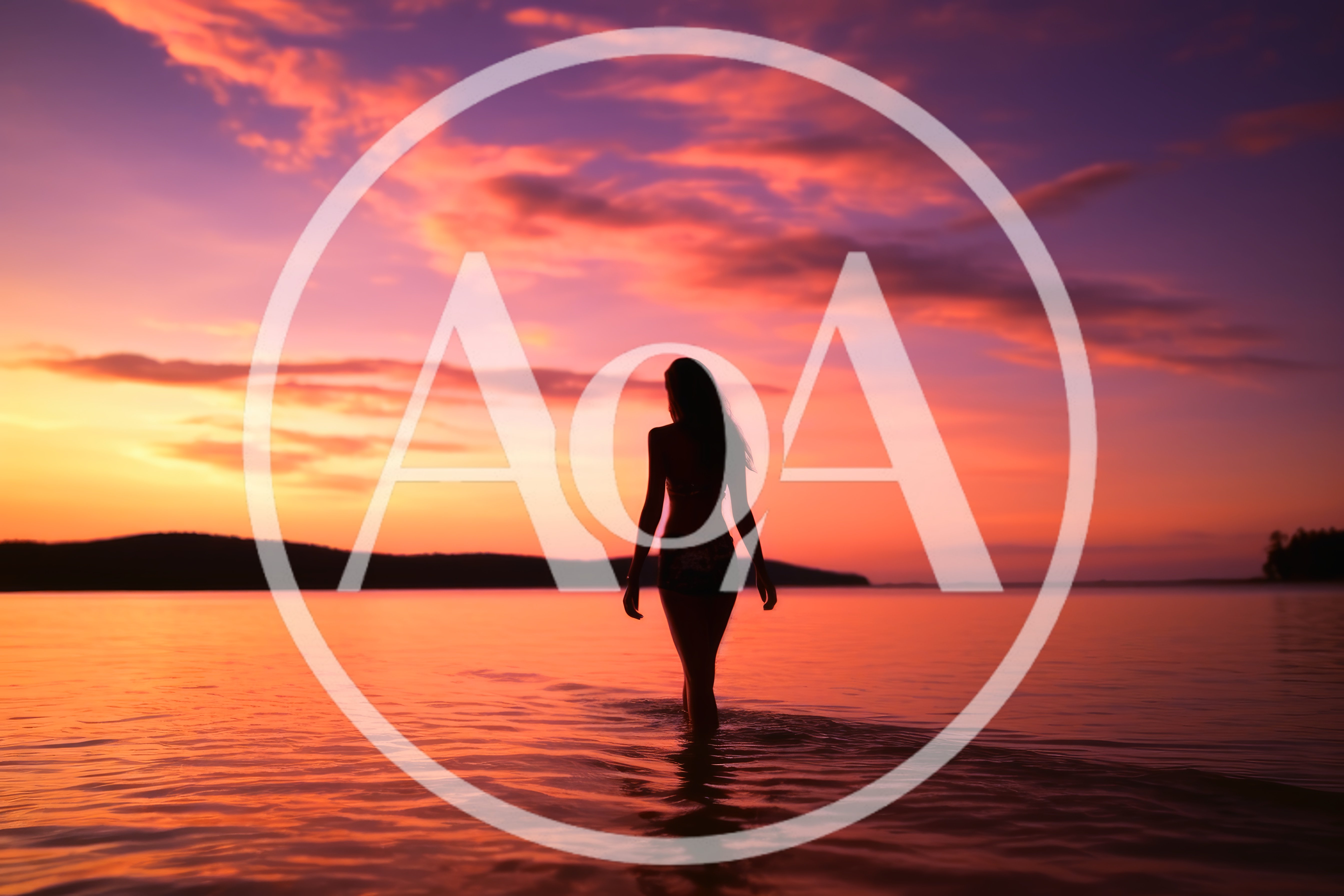 Silhouette Of A Woman Walking In The Ocean At Sunset