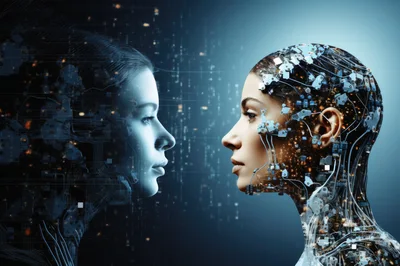Digital Humanoid Faces Interacting With Advanced Artificial Intelligence