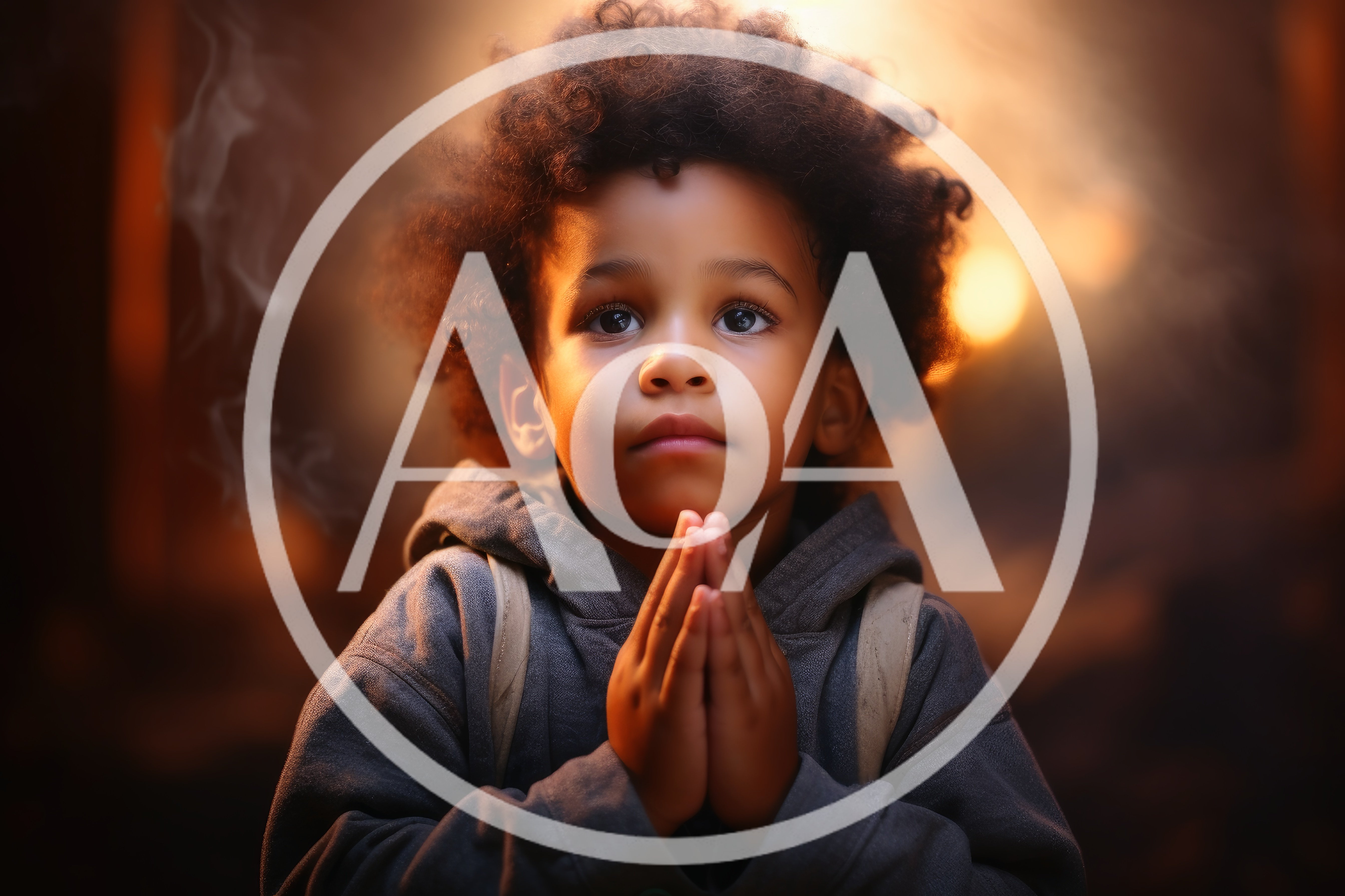 Young Child With Curly Hair Praying In Warm Light