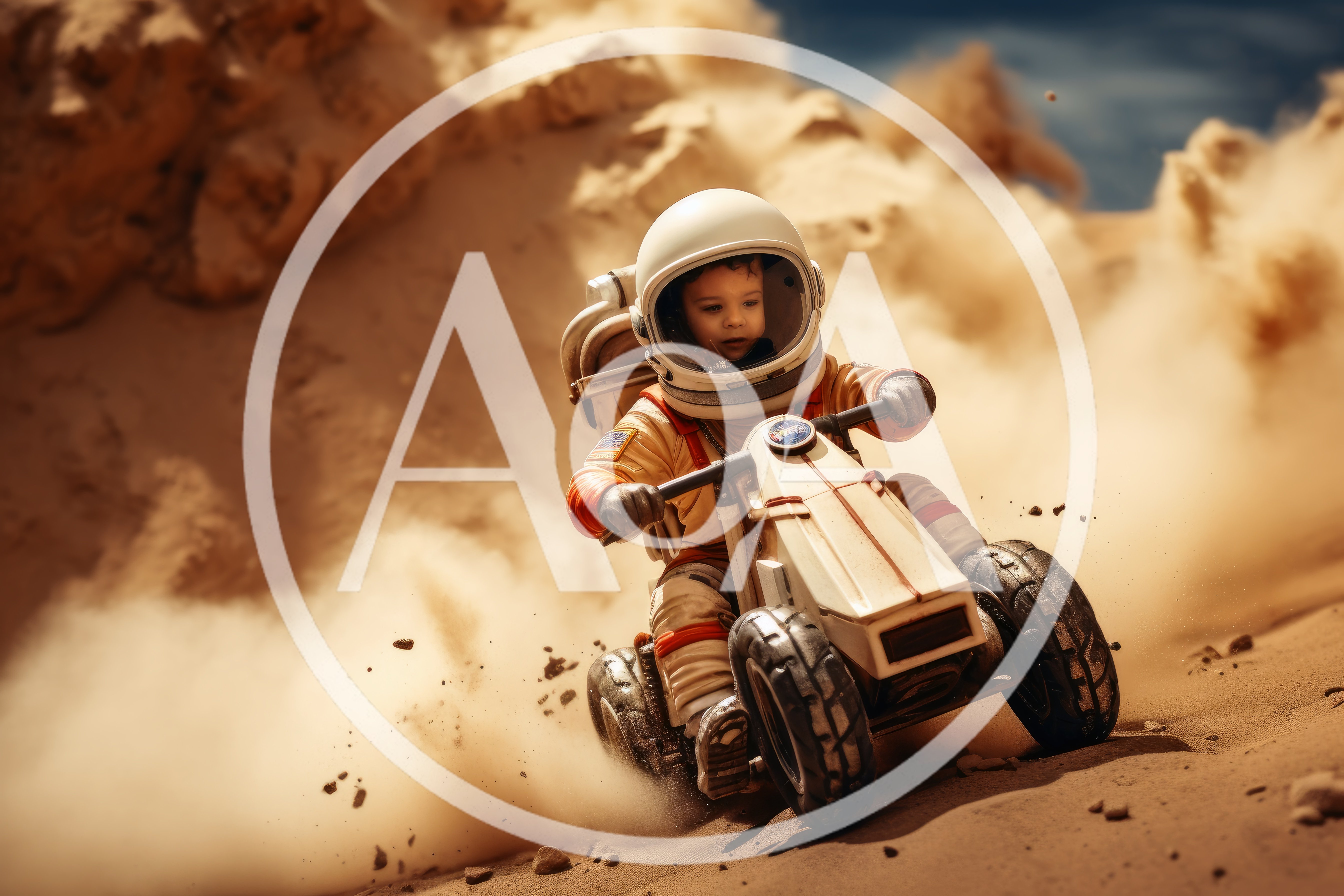 Toddler Astronaut Riding A Toy Rover On Mars