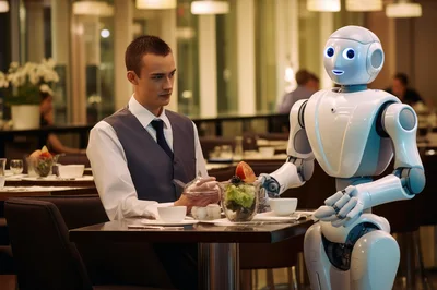 Human Waiter Serving Food With Advanced Humanoid Robot