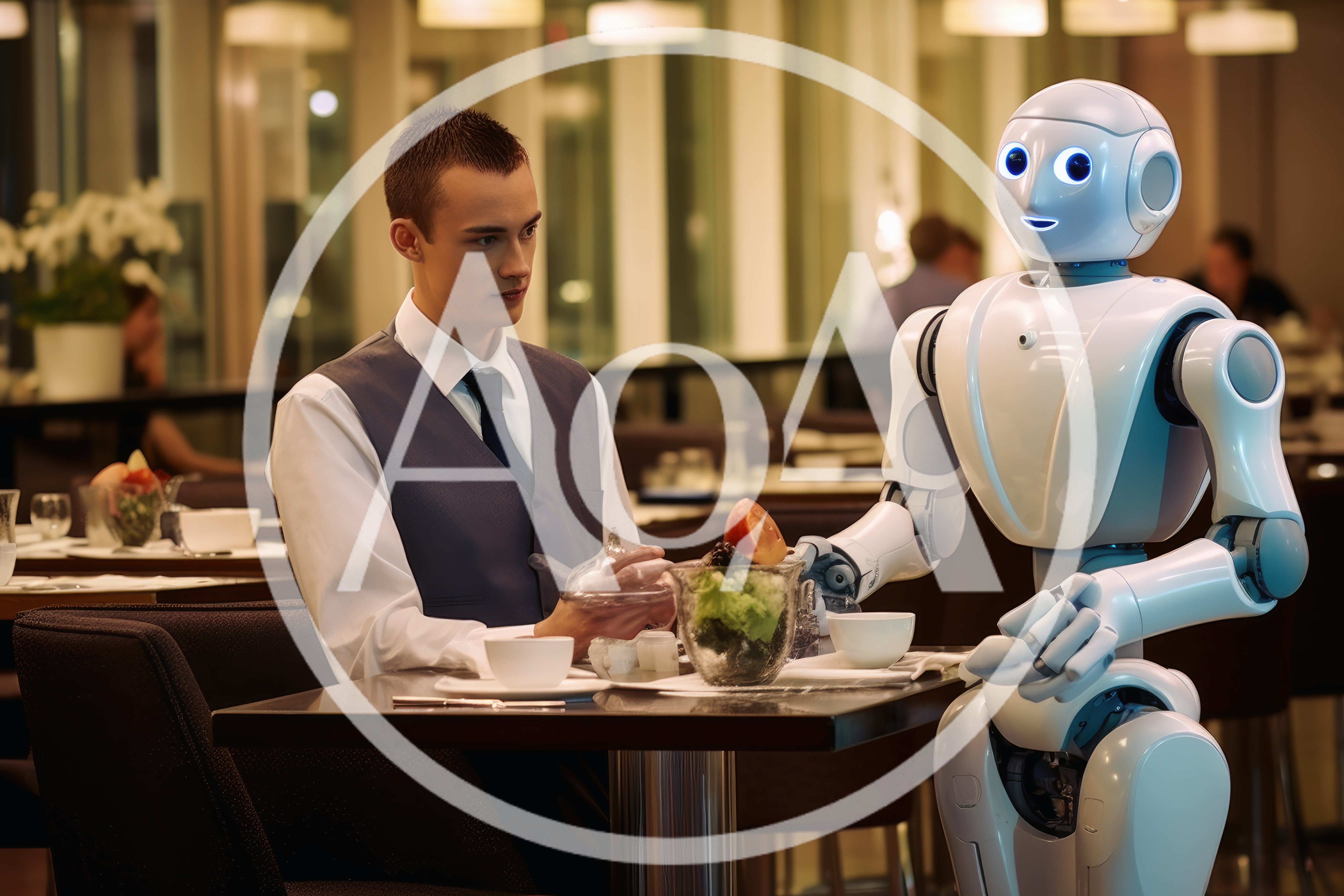 Human Waiter Serving Food With Advanced Humanoid Robot