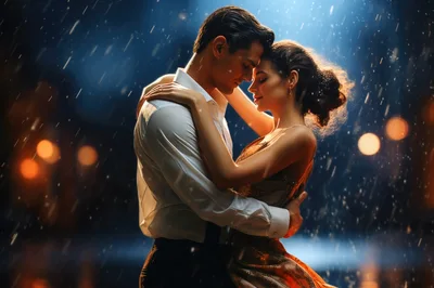 Romantic Couple Dancing In The Rain At Night