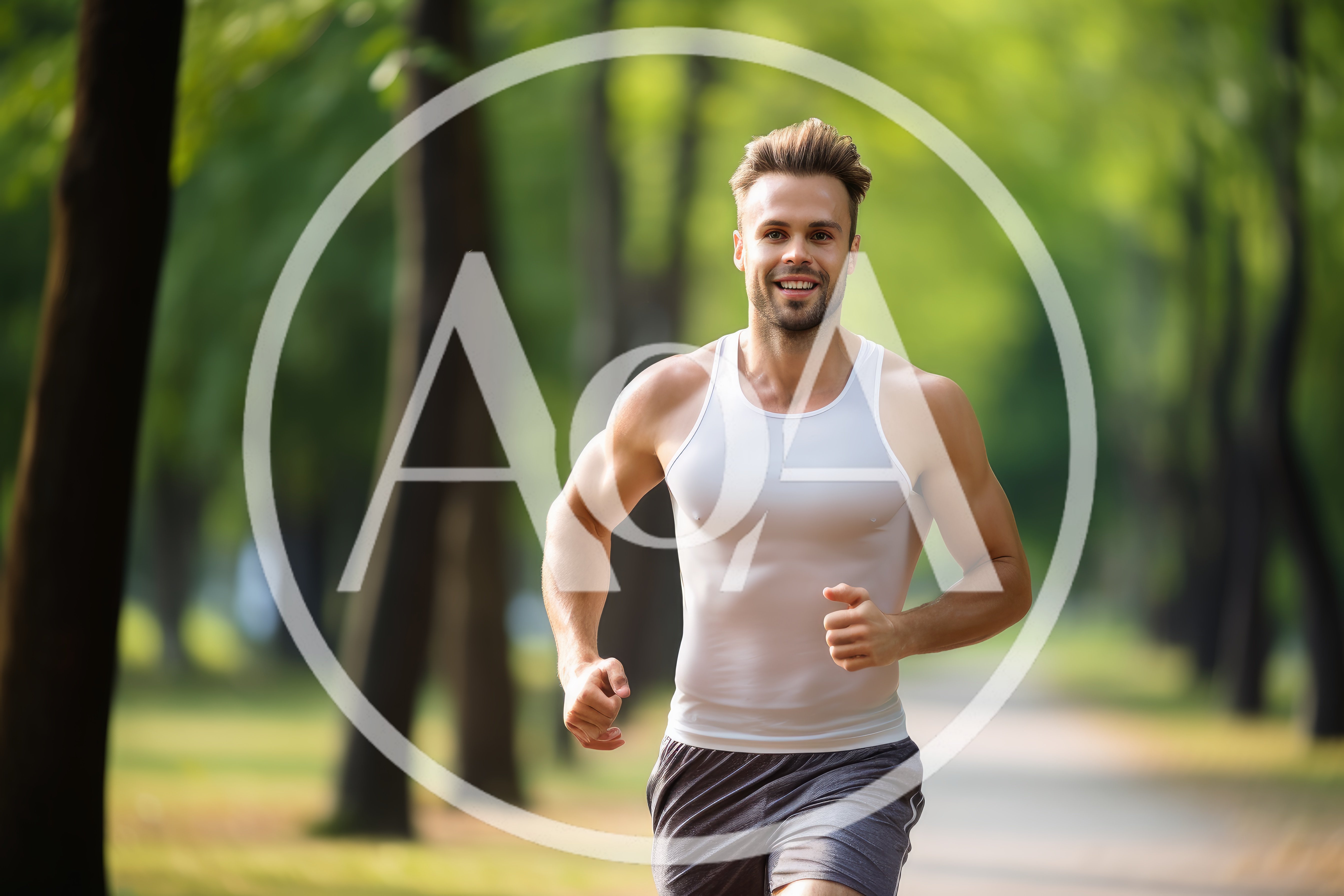 Muscular Man Jogging Through A Sunny Park