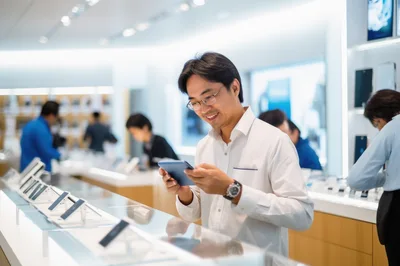 Asian Man Testing Tablet In Electronics Store