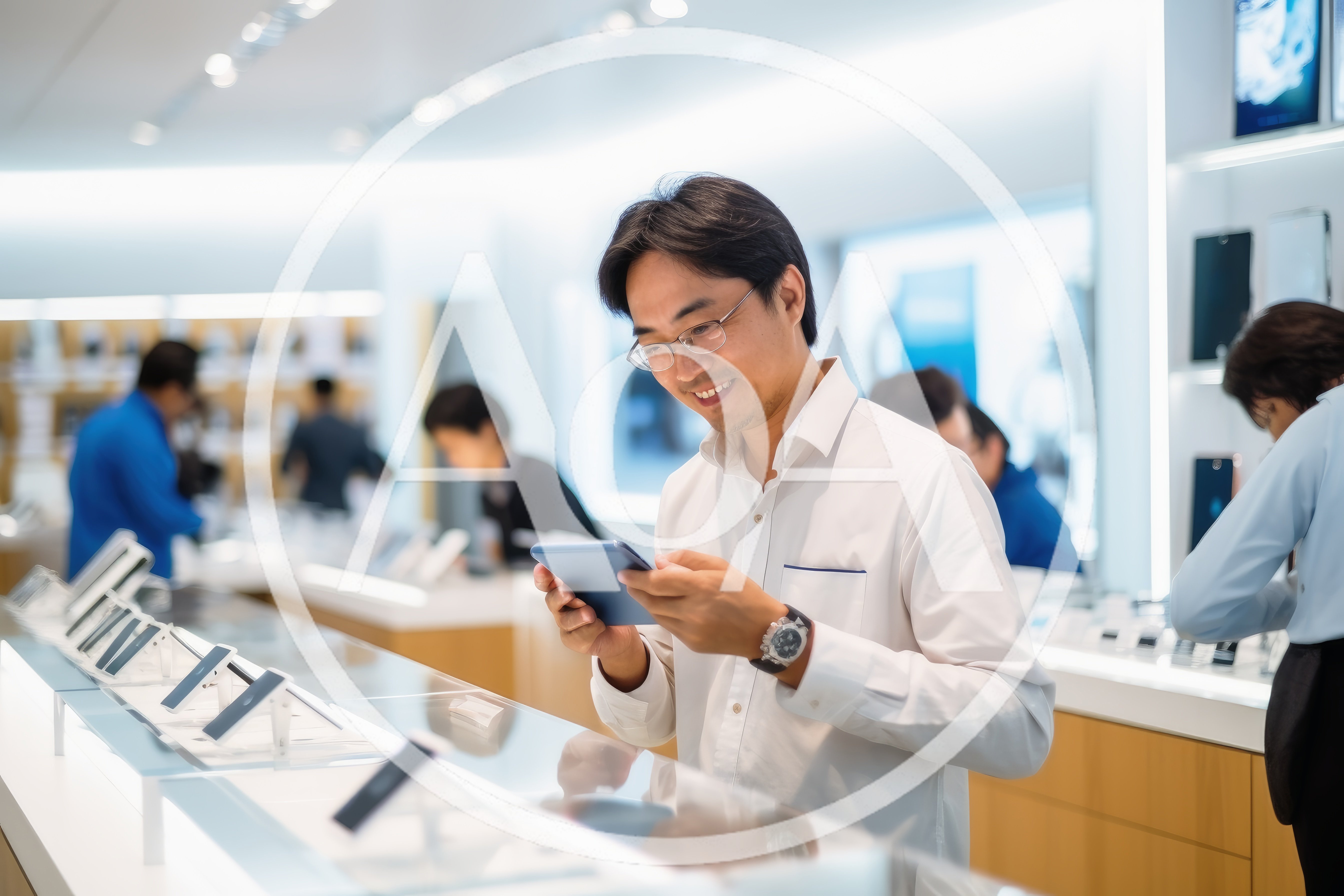 Asian Man Testing Tablet In Electronics Store