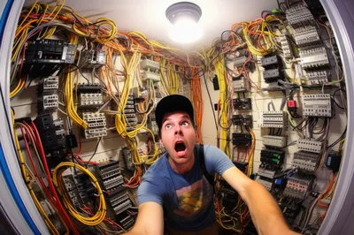 Man Expressing Shock In A Messy Electrical Server Room