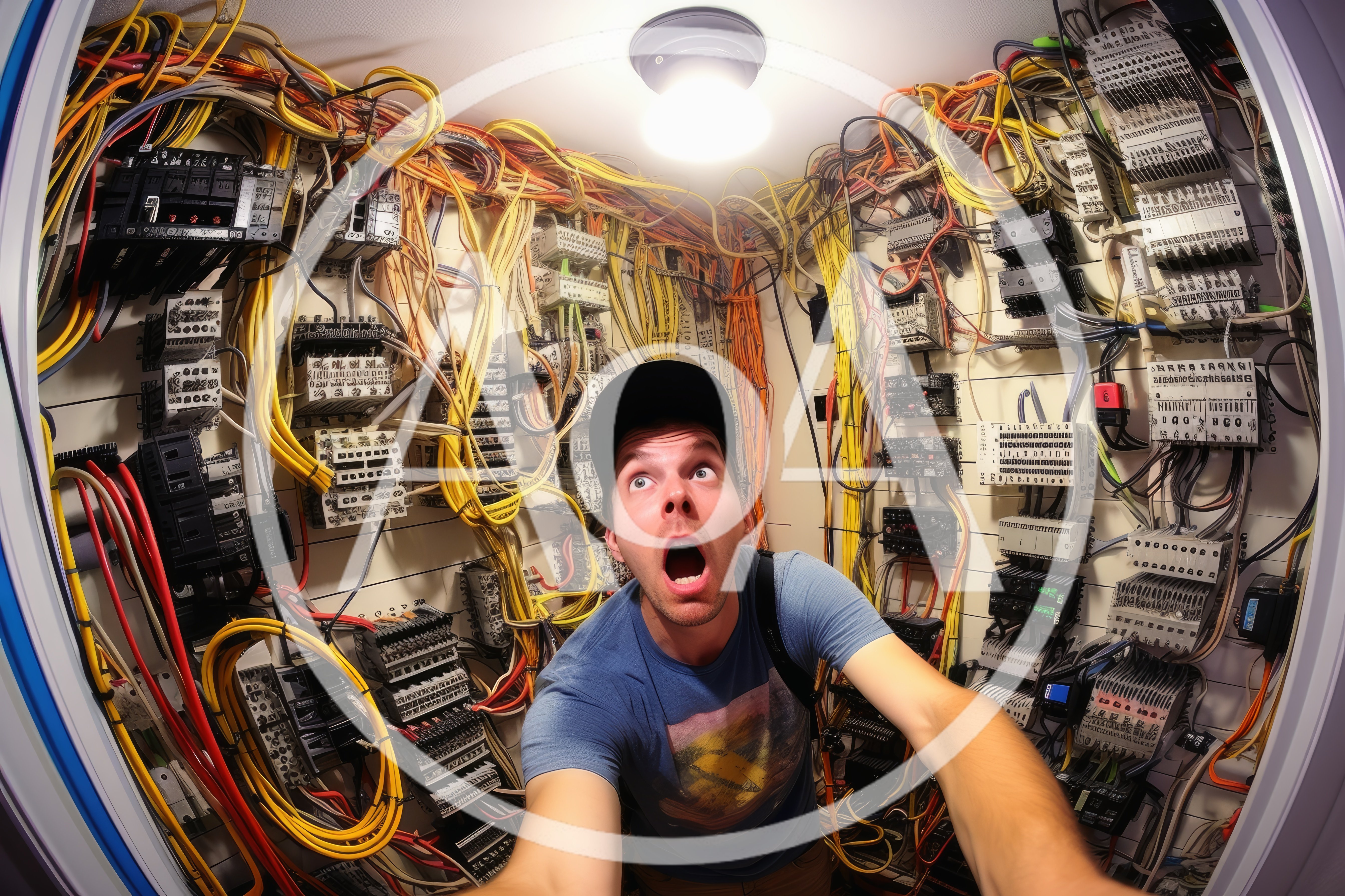 Man Expressing Shock In A Messy Electrical Server Room