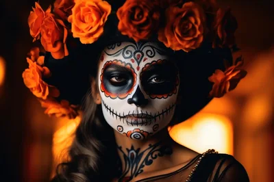 Woman Wearing Traditional Dia De Los Muertos Makeup