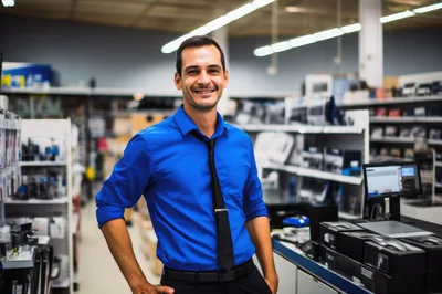 Friendly Retail Store Employee Standing At Checkout Counter