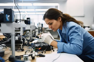 Female Engineer Repairing Electronic Circuit Board In Laboratory
