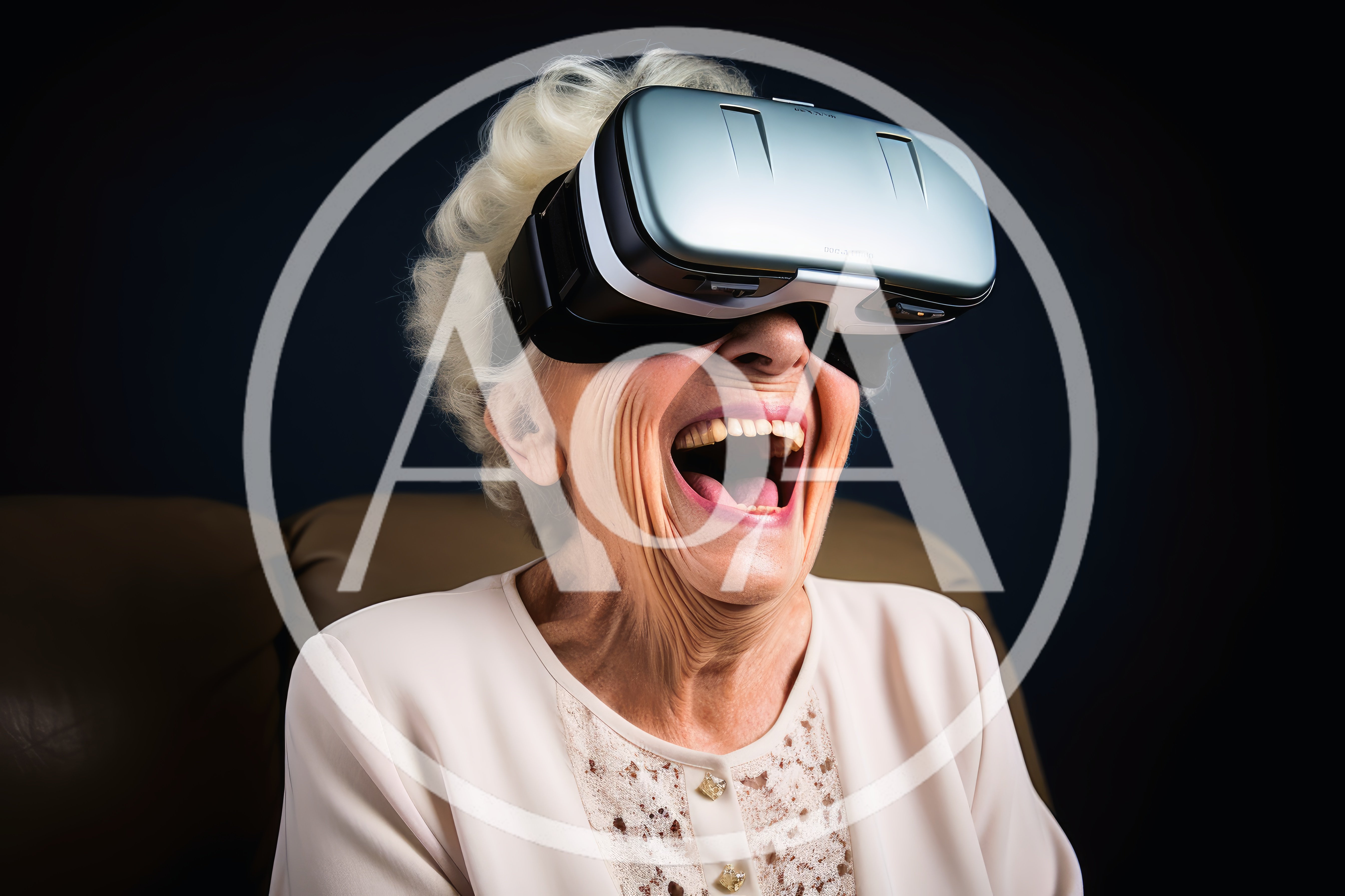 Elderly Woman Laughing While Wearing Virtual Reality Headset