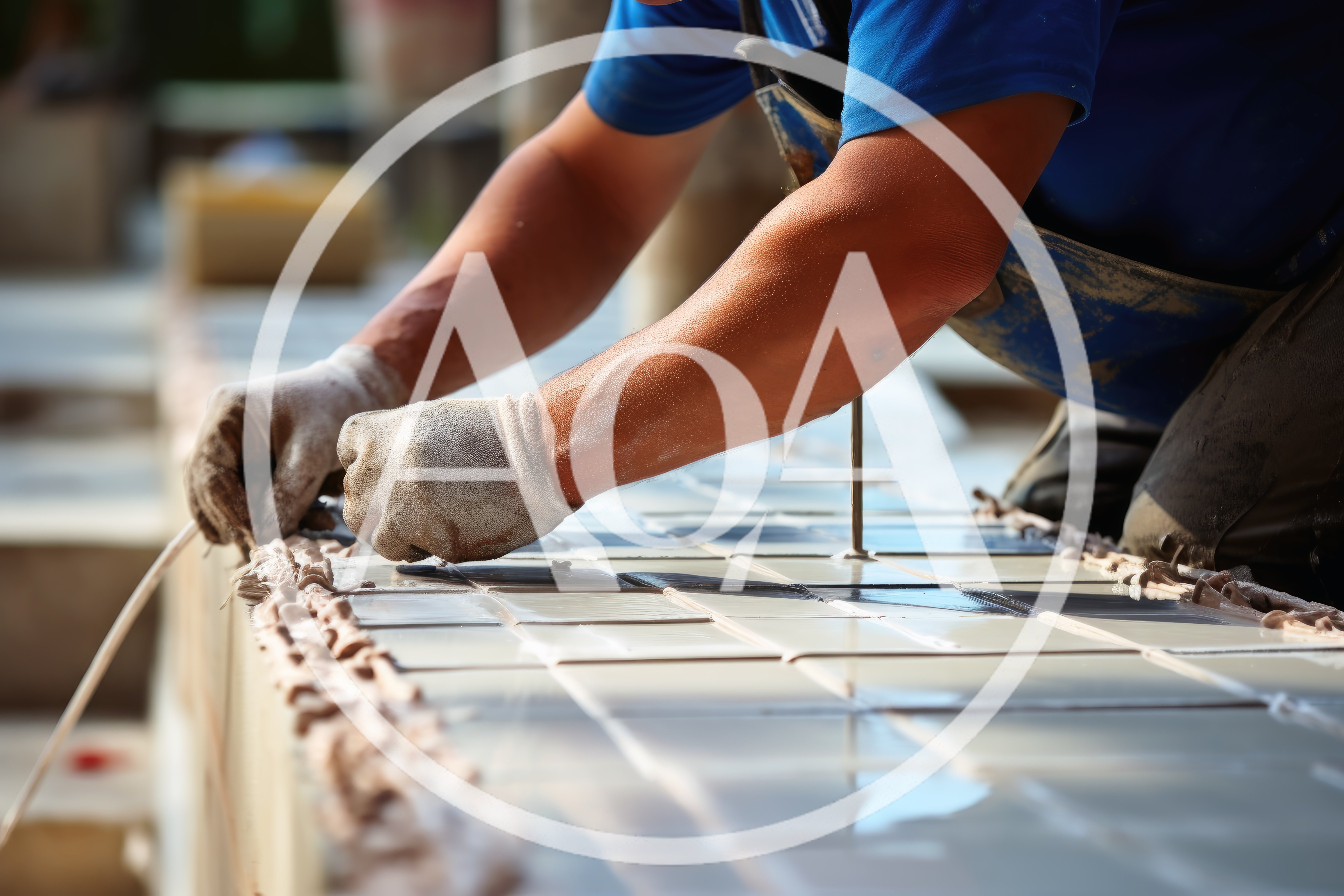 Construction Worker Installing Ceramic Tiles On A Surface