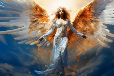 Ethereal Angel With Golden Wings In The Sky