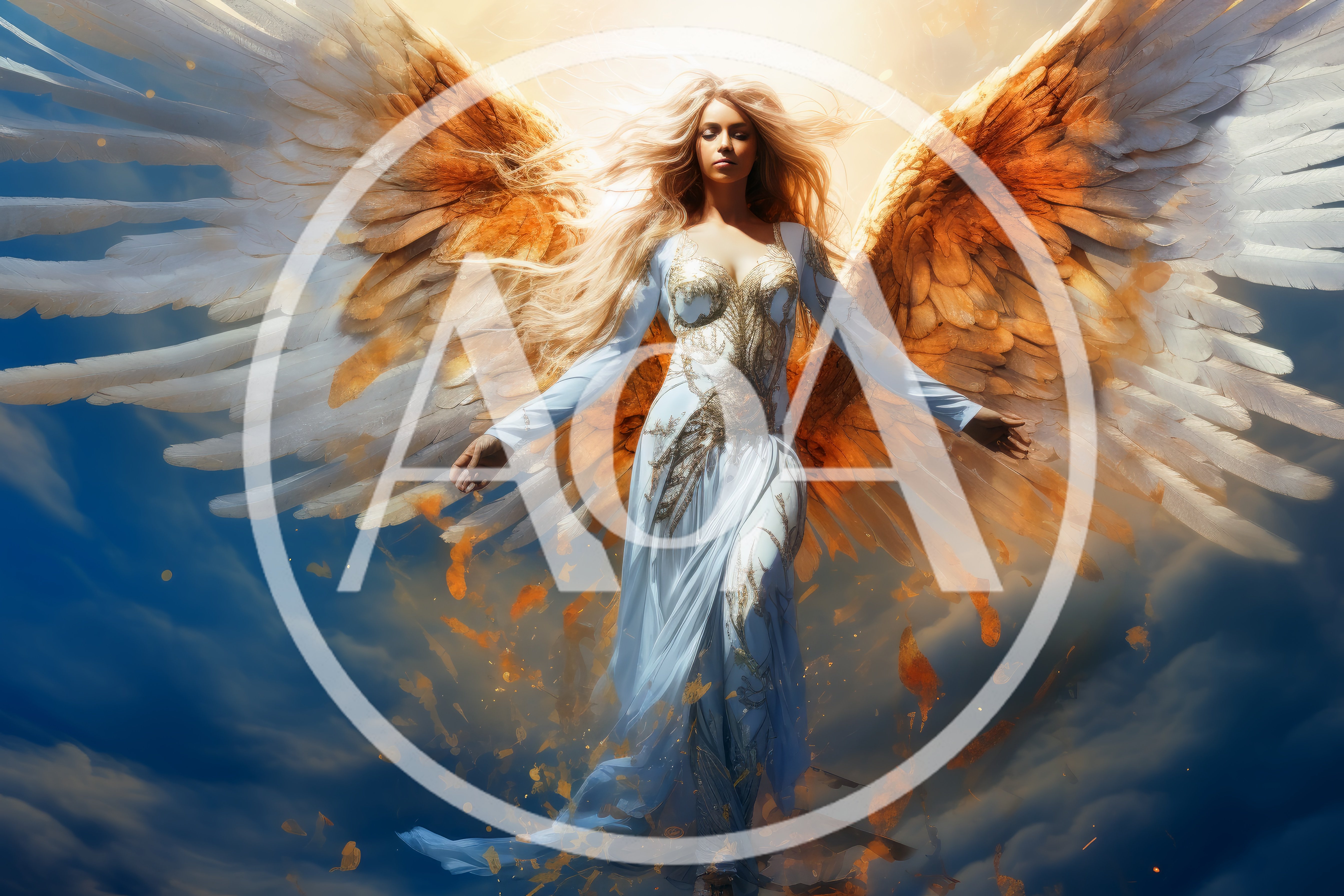 Ethereal Angel With Golden Wings In The Sky