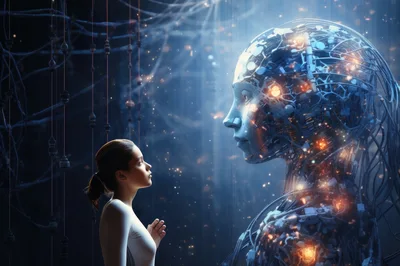 Human Woman Interacting With Advanced Artificial Intelligence Entity