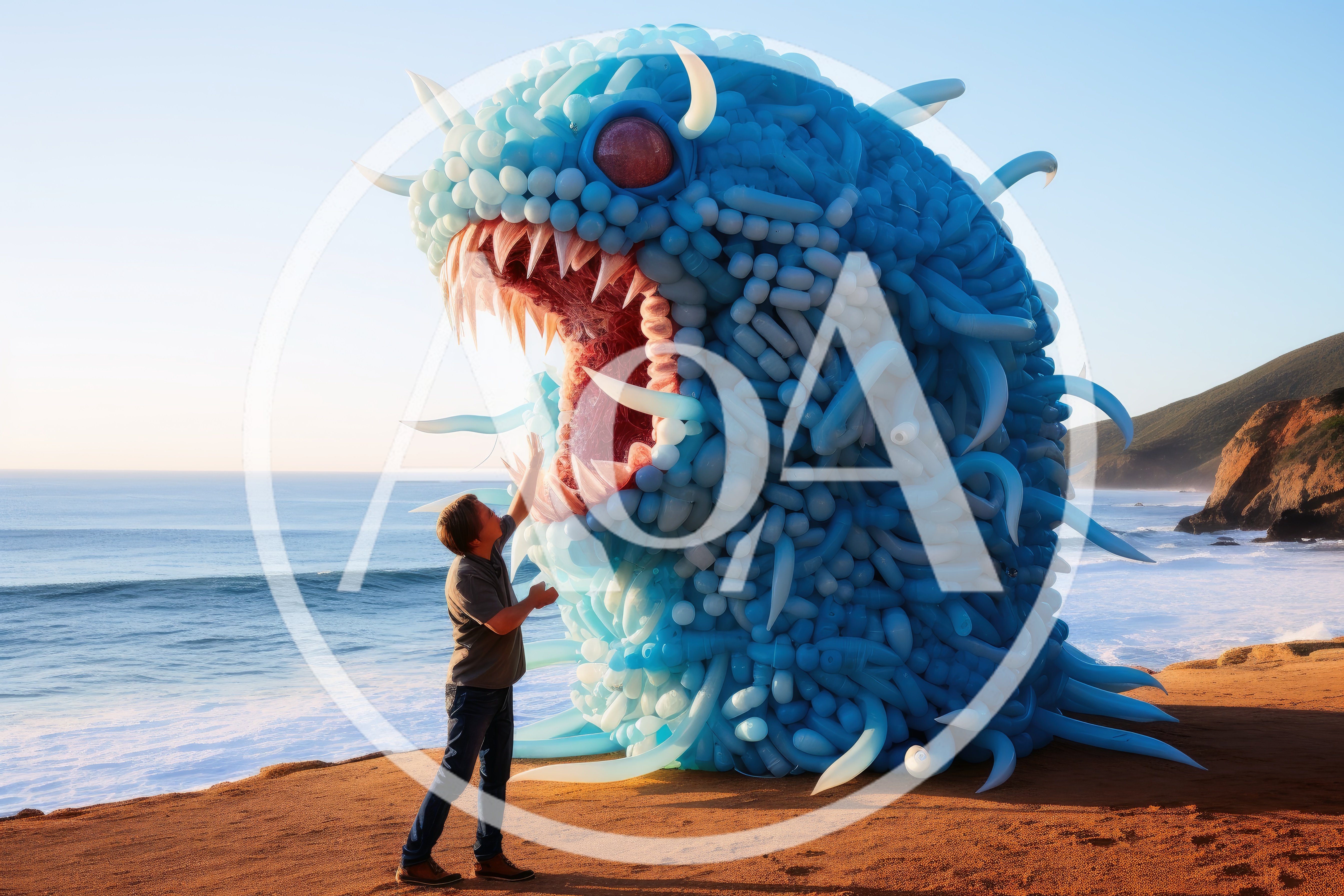 Man Interacting With Giant Balloon Monster On Beach