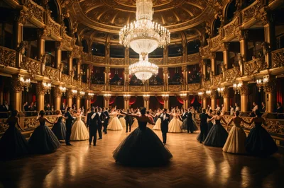 Elegant Couples Dancing In A Grand Golden Ballroom