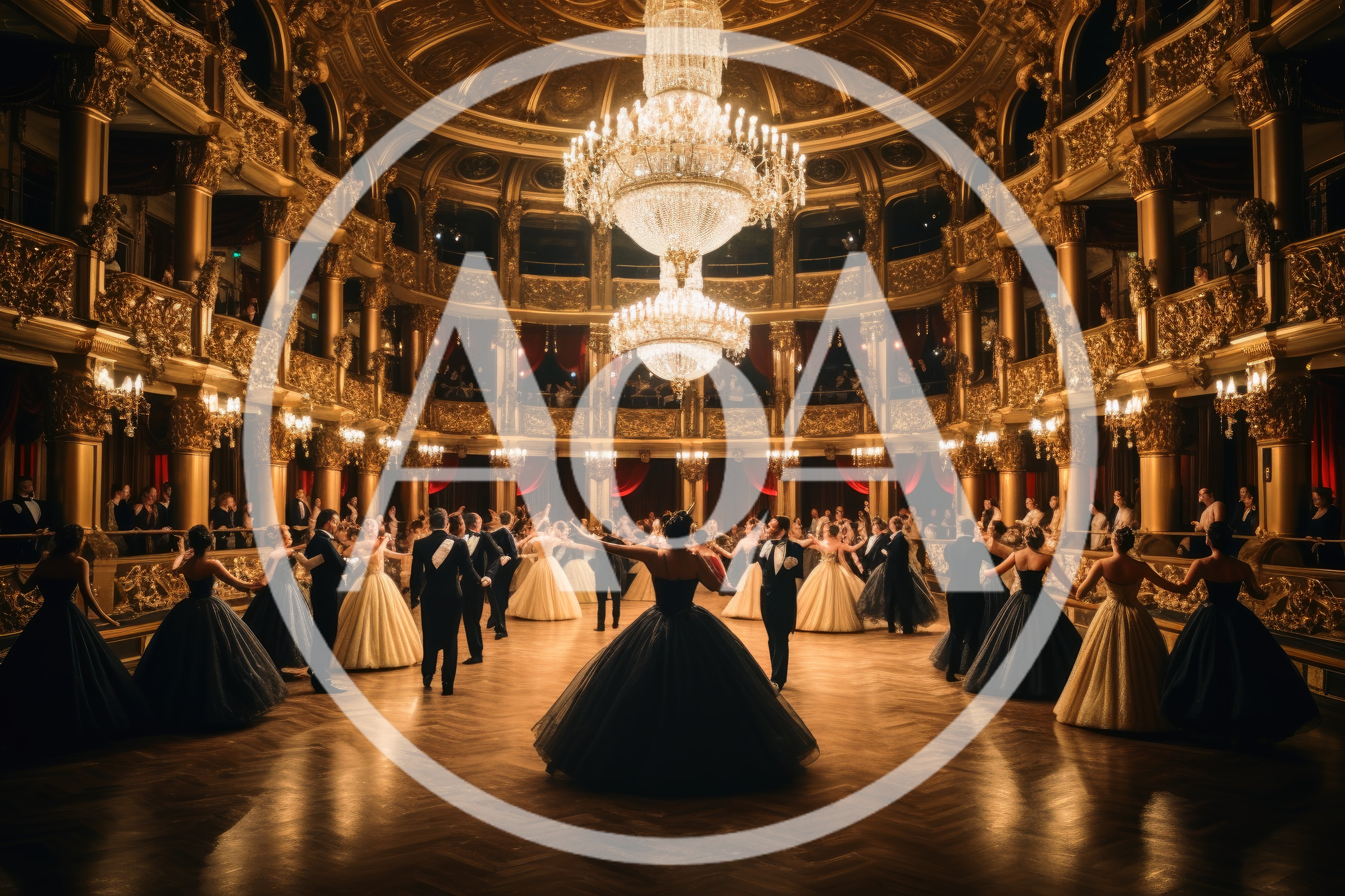 Elegant Couples Dancing In A Grand Golden Ballroom