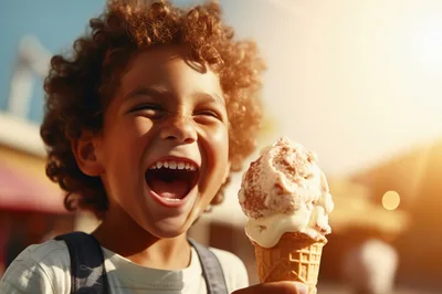 Happy Child Eating Ice Cream Cone Outdoors