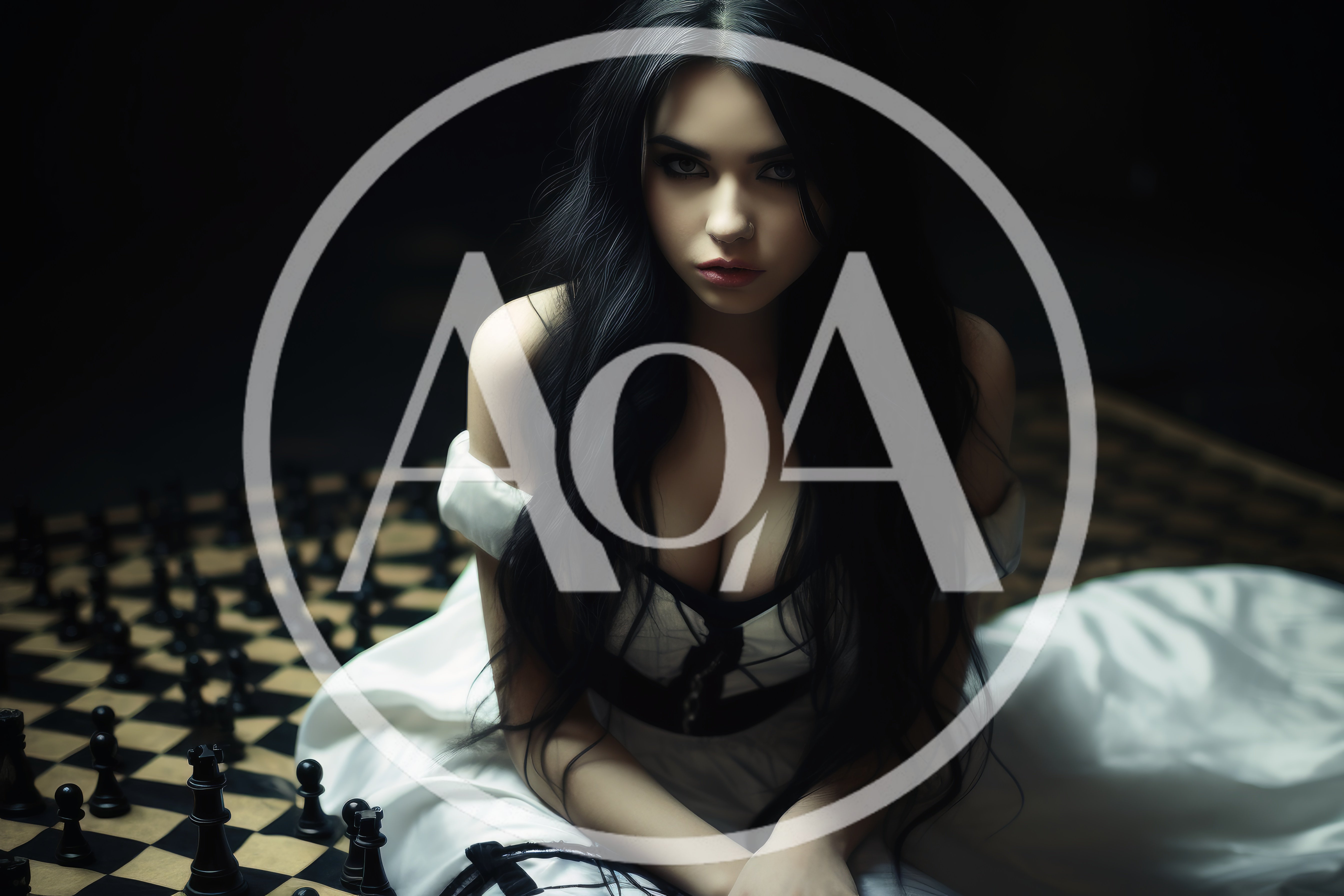 Gothic Woman Sitting On A Large Chessboard