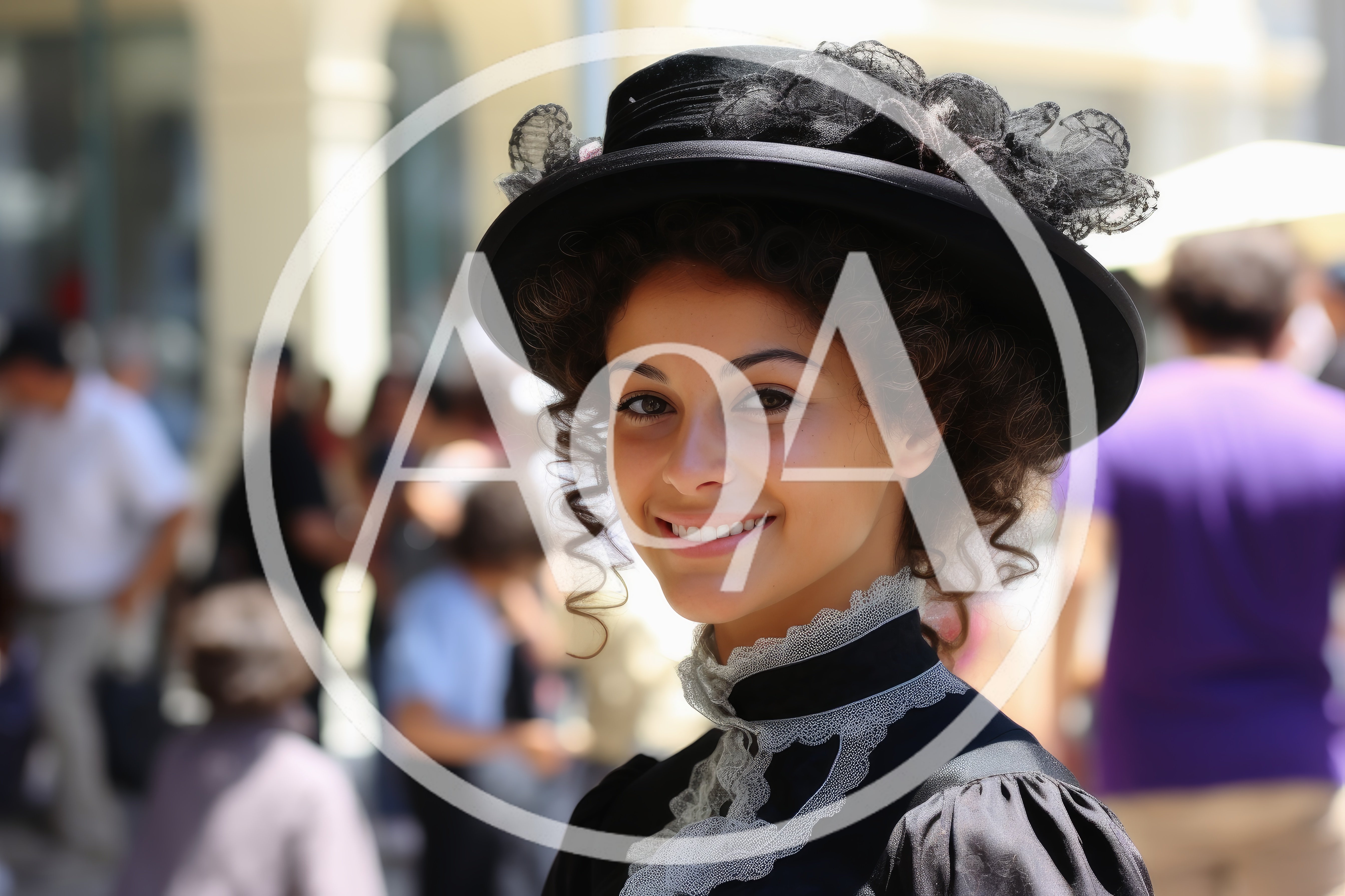Young Woman In Victorian Era Costume Smiling Outdoors
