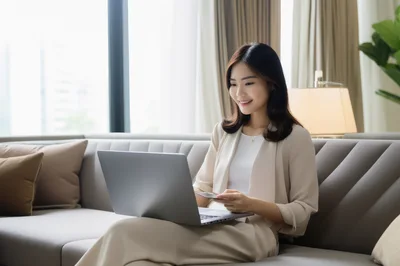 Young Asian Woman Shopping Online With Laptop