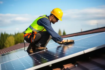 Solar Panel Technician Installing Equipment On Residential Roof