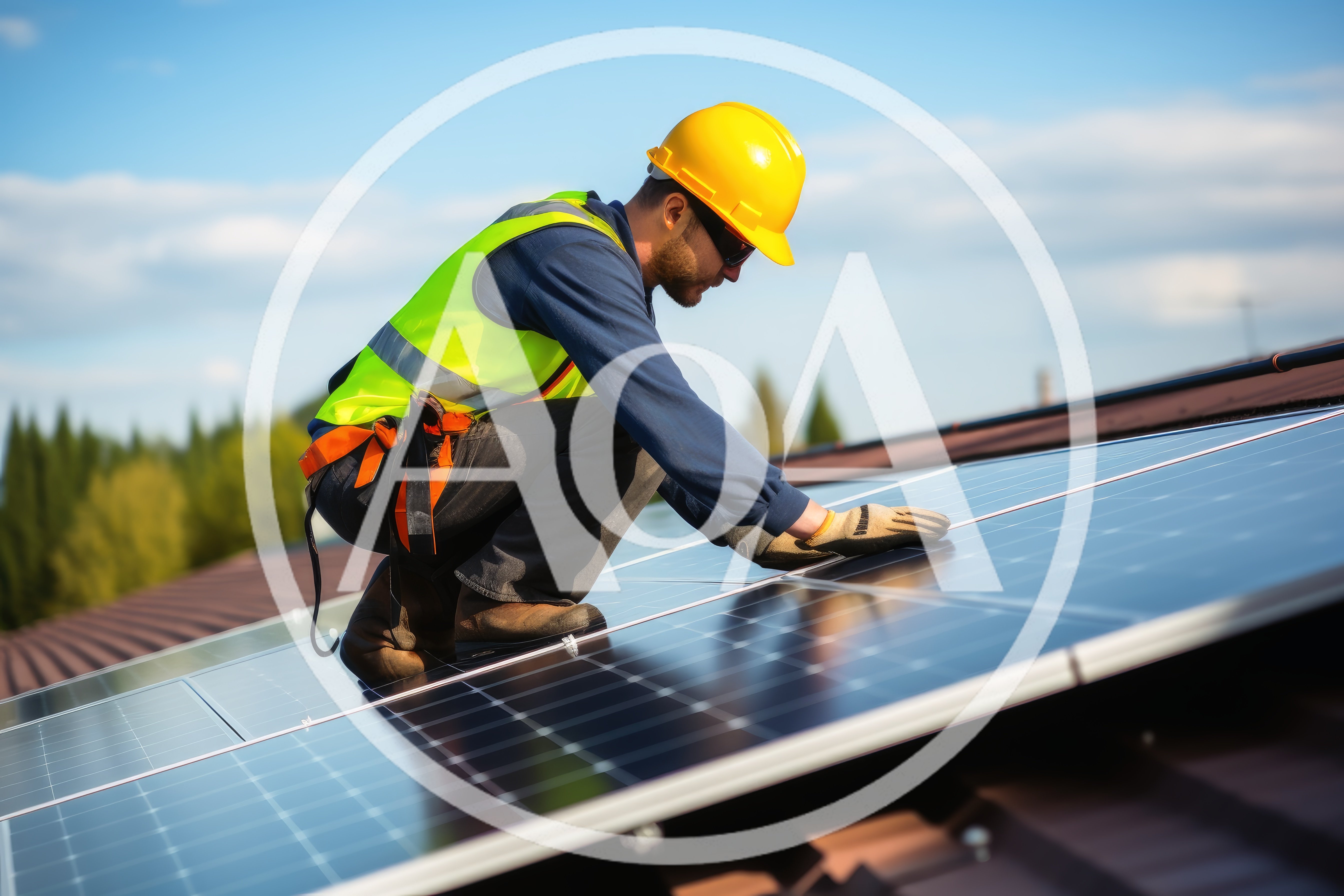 Solar Panel Technician Installing Equipment On Residential Roof