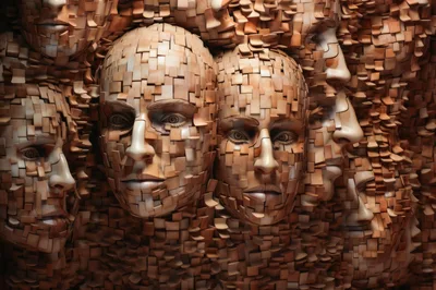 Surreal Mosaic Faces Composed Of Wooden Tiles