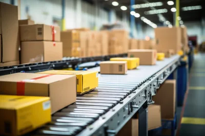 Cardboard Packages Moving Along Automated Warehouse Conveyor Belt