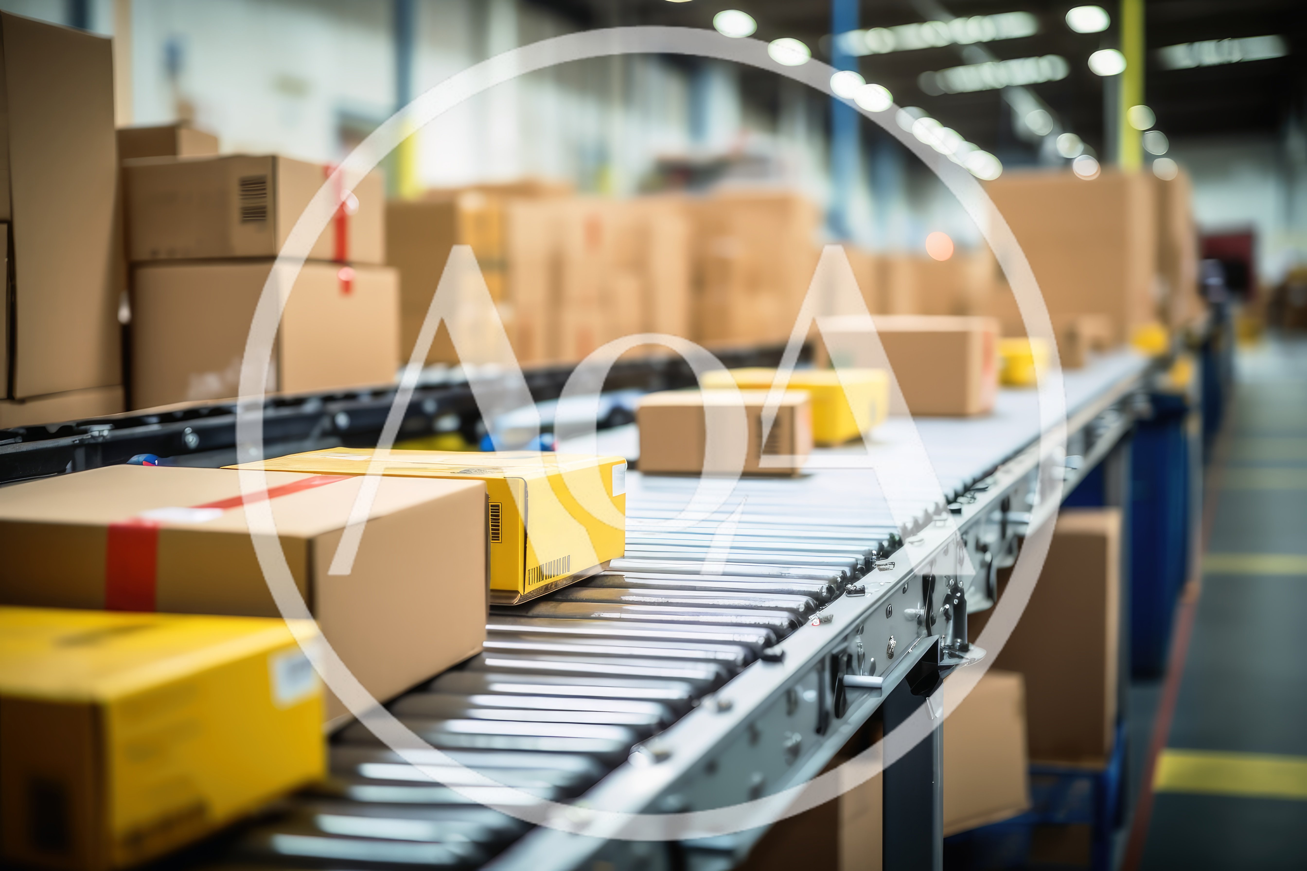 Cardboard Packages Moving Along Automated Warehouse Conveyor Belt