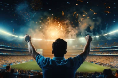 Fan Celebrating Victory In A Packed Stadium With Fireworks